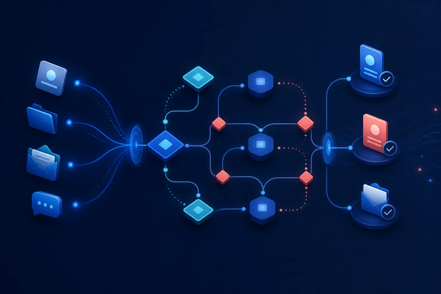 Illustration of business requests moving through organized routing and follow-up steps