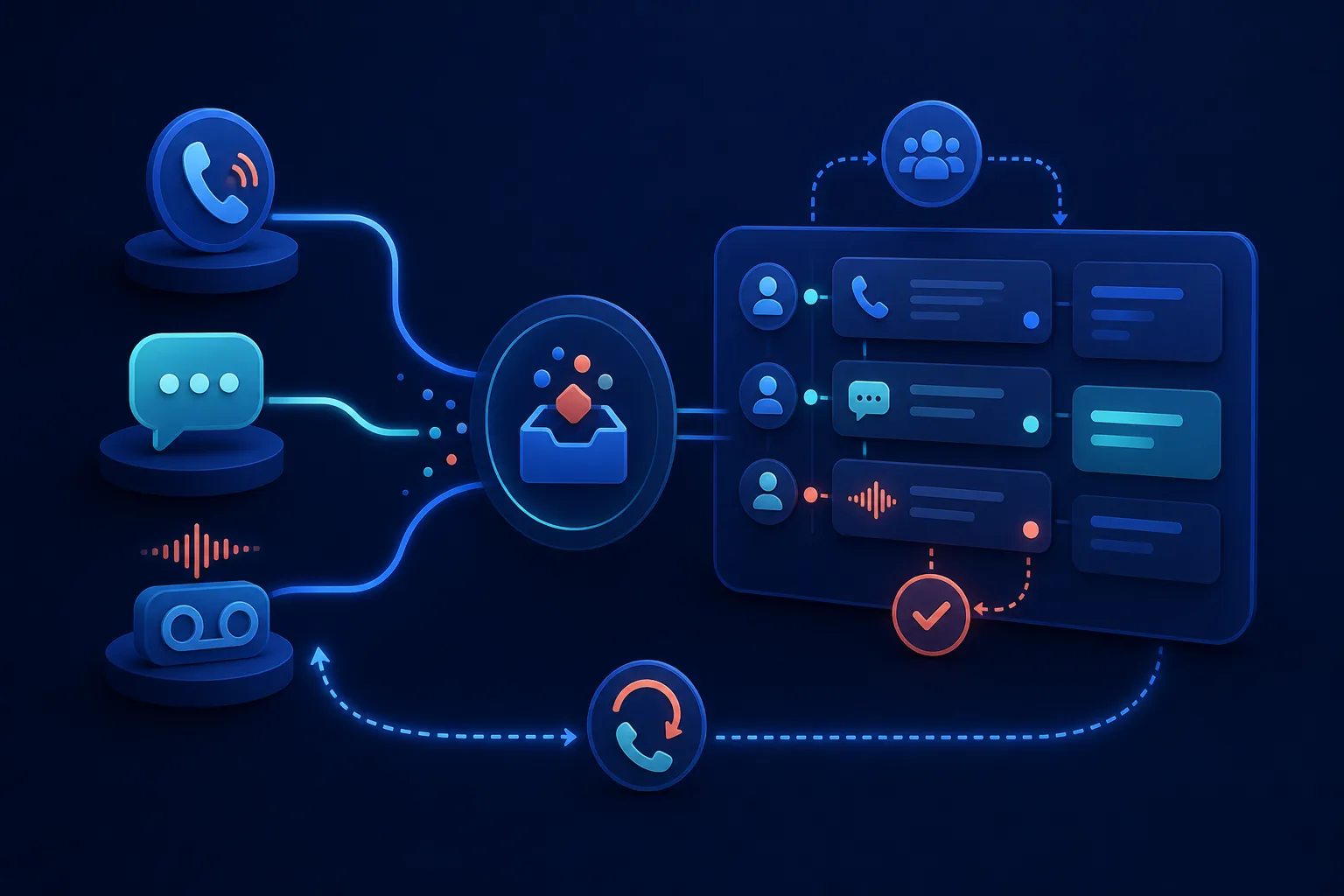 Illustration of calls, messages, and voicemail flowing into a shared team workspace