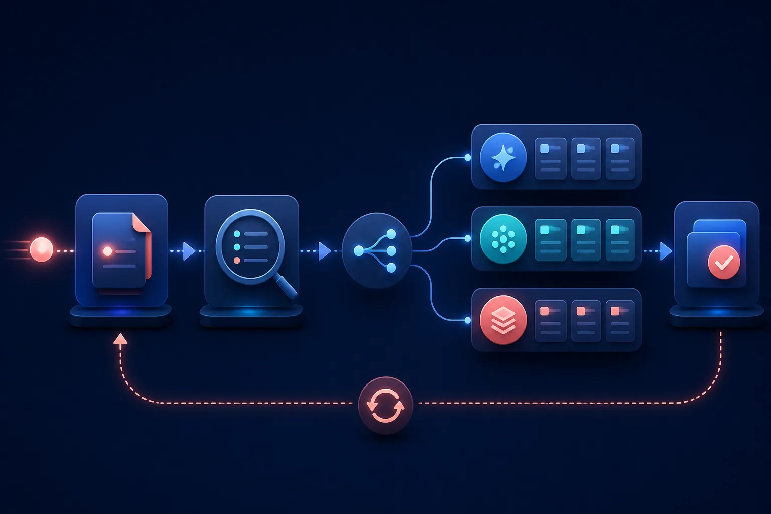 Illustration of a request being reviewed, routed, organized, and followed up